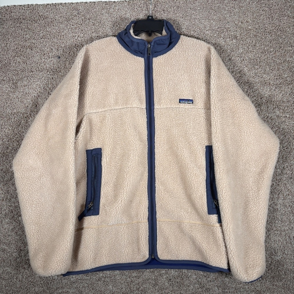 Patagonia Mens Vintage Retro-X Deep Pile Fleece Jacket XL Natural Navy Blue USA